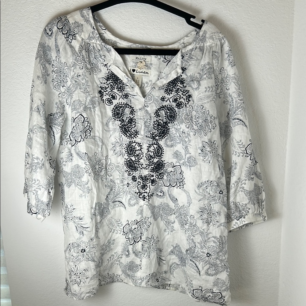 Malvin Hamburg Germany 100% Linen Size L Women's Top Floral tunic lagenlook​